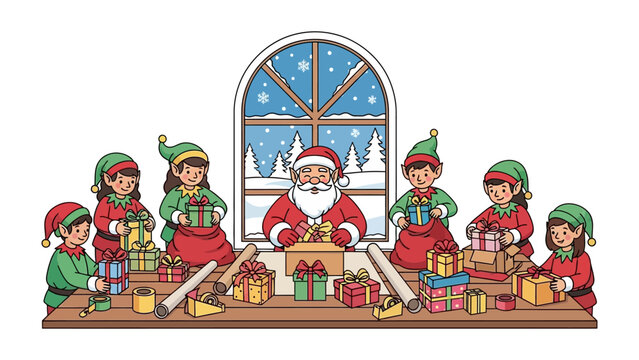 Festive Workshop: Santa Claus and his elves gather in a workshop filled with the magic of the holiday season, meticulously wrapping and preparing gifts with care, against the snowy backdrop.