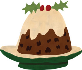 Christmas Pudding with Holly Illustration