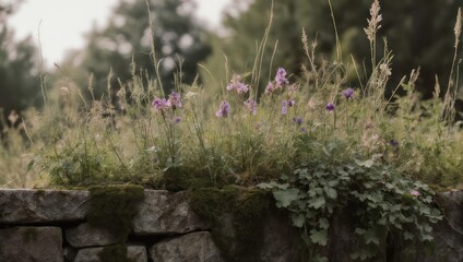 Close-up of a stone wall with wildflowers and grasses, blurred background of trees