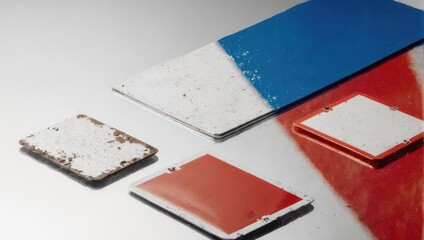 Close-up of assorted, colorful, rectangular painted metal plates with textures & wear