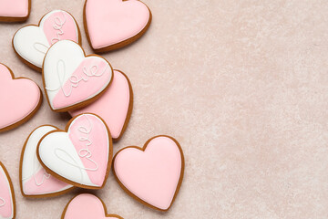 Sweet heart-shaped cookies on beige background. Valentine's Day celebration