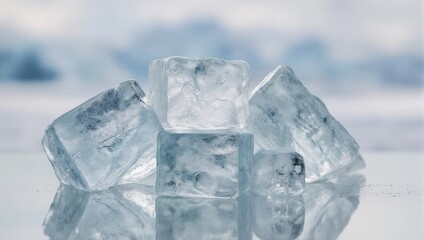 Transparent ice cubes stacked on a reflective surface against a blurry, icy blue backdrop