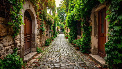 Obraz premium Narrow cobblestone street lined with greenery
