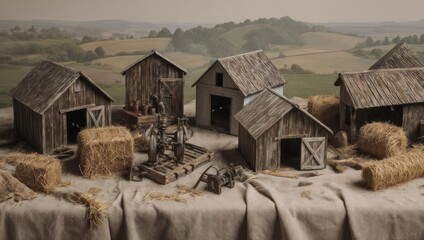 Miniature rustic farm scene with weathered wooden structures, hay bales, and rolling hills