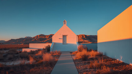 Minimalist chapel in the desert at sunset with a mountain backdrop