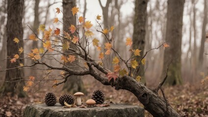 A decaying branch with golden leaves rests upon a stump, forest background with pinecones and mushrooms