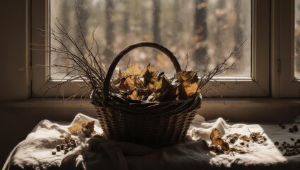 A wicker basket filled with autumn leaves and twigs sits on a windowsill, bathed in sunlight
