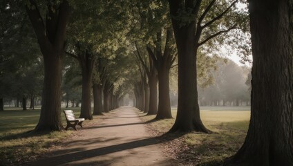 A sunlit path through a tree-lined park with a bench, creating a serene atmosphere