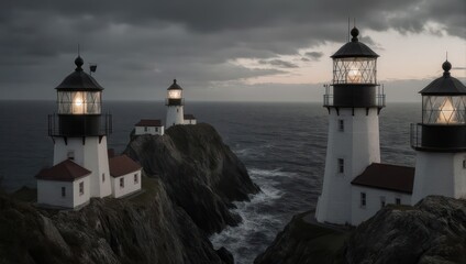 Four lighthouses on rocky coastal cliffs at dusk, illuminated against a moody sky and ocean