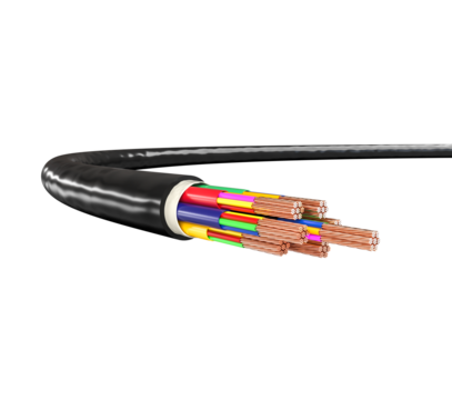 Industrial Cable Close-up: a close-up shot of a thick, multi-colored electric cable. The image details the internal structure and wiring of a modern industrial cable.