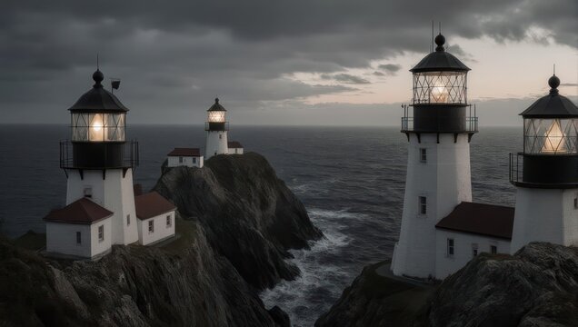 Four lighthouses on rocky coastal cliffs at dusk, illuminated against a moody sky and ocean