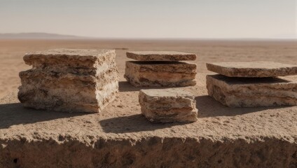 Stone structures in desert environment. Four layered stone blocks sit on a raised platform, in the heat