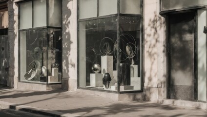 Exterior shop display features sculptures in a window. Sunlight creates shadows. Sidewalk in front