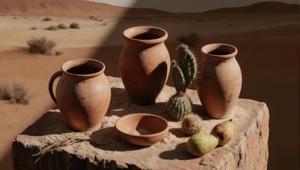 Pottery vessels, fruit, and cactus atop a stone against a desert landscape backdrop