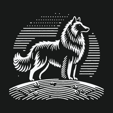 Black and white woodcut style illustration of a majestic collie dog.