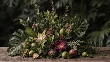 Lush arrangement of diverse foliage and fruits on a wooden surface against a green backdrop