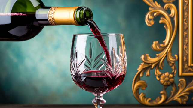 A close-up photograph of red wine being poured from a green glass bottle with an ornate gold-colored neck wrap into an elegant emerald green crystal wine glass