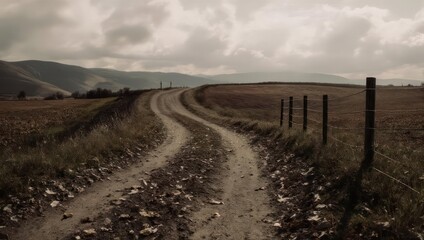 A winding dirt road through a rural landscape, under a cloudy sky, leading towards distant hills