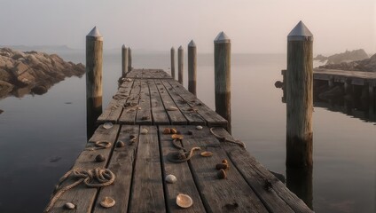 Weathered wooden pier extends towards foggy horizon, dotted with shells and ropes