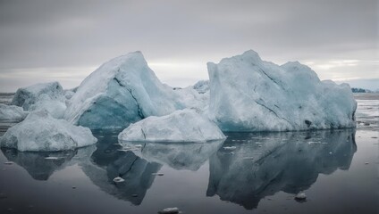 Icy landscape, icebergs floating in calm water, under a cloudy sky. Reflections visible