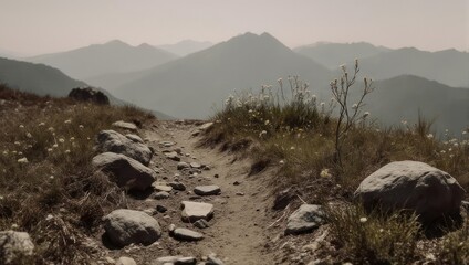 Narrow, rocky hiking path through grassy field with wildflowers and distant, layered mountain range