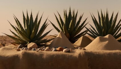 Desert scene with aloe plants, sand dunes, and pebbles under a warm-toned sky