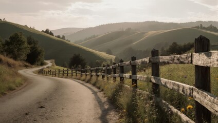 Rolling hills and a winding road lead through a pastoral landscape, framed by a weathered fence