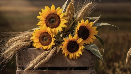 Sunflowers and wheat in a wooden crate, against a blurry field background