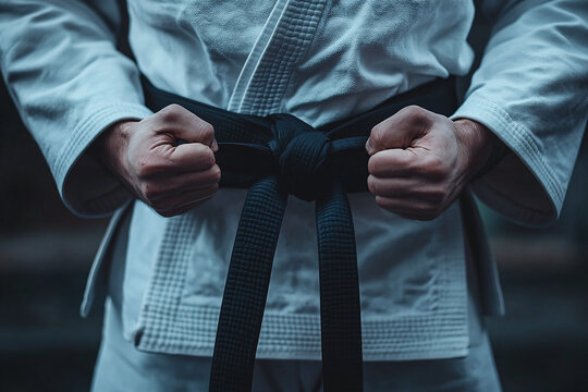Close-up of a martial artist wearing a white kimono and tying a black belt. Symbol of discipline, strength, and mastery in martial arts training.