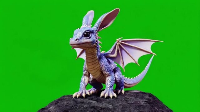 A blue dragon with bunny ears sitting on a rock with a green screen background for easy compositing green screen animal video