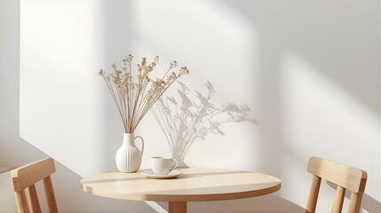 Bright Minimalist Café Corner with Light Oak Furniture and Soft Natural Light