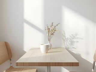 Bright Minimalist Café Corner with Light Oak Furniture and Soft Natural Light