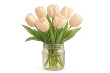 Peach tulips bouquet in glass jar on transparent background
