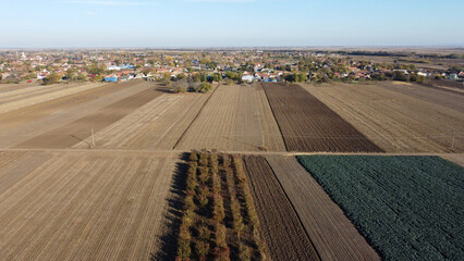 agricultural fields in autumn in Vojvodina province seen from drone