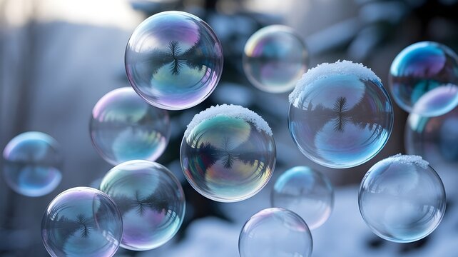 A cluster of iridescent soap bubbles float in the air, reflecting the winter landscape and capturing the delicate beauty of a frosty day in a macro shot - Powered by Adobe