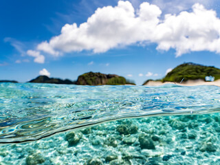 Fototapeta premium 嘉比島の白砂ビーチの半水面撮影。沖縄特有の双胴船サバニや観光客、パラソル、テントが見える。美しいサンゴ礁と熱帯魚の群れ。 安室島沖縄県 島尻郡慶良間諸島座間味島-2025 サンゴの産卵があり卵が漂う。沖縄本島から40km西方の諸島。30以上の島嶼群全体が国立公園に指定。珊瑚礁の青い海と白い砂浜は世界屈指の美。貴重な動植物が多数生息。 