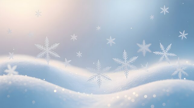 A serene winter background featuring delicate snowflakes falling over snowcovered hills, creating a peaceful and dreamy atmosphere with soft lighting