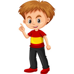 Young boy with short brown hair wearing a red and yellow shirt and black pants points finger upwards with a cheerful expression and a white transparent background
