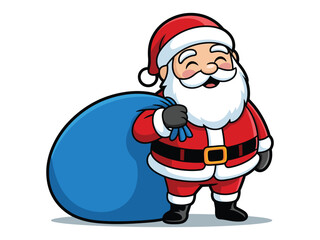 A cartoon illustration of Santa Claus carrying a large blue sack of gifts on his shoulder.
