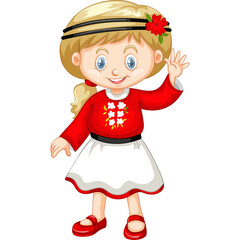 Young Caucasian Girl Wearing Red Shirt White Skirt and Red Shoes Waving Hand Isolated on Transparent Background