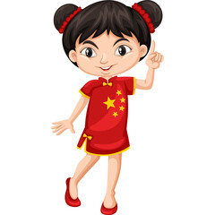 Young Chinese Girl Wearing Traditional Red Dress With Yellow Stars And Red Shoes Pointing Upwards With A Smile And Bun Hair Style