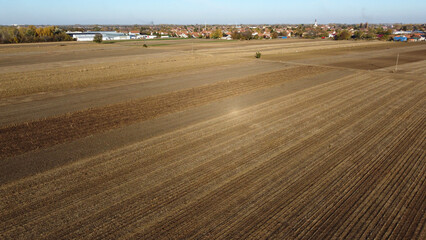 harvested agricultural fields in autumn in Vojvodina province-drone view