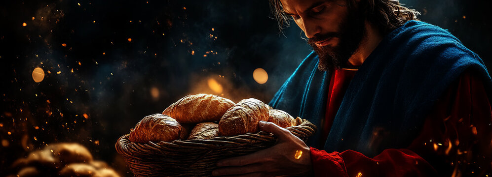 jesus christ holding a basket of bread in his hands, 