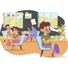 Children Enjoying Healthy Salads At Cafeteria Tables With Sunny Window Views And Colorful Decorations Promoting Nutrition And Social Interaction