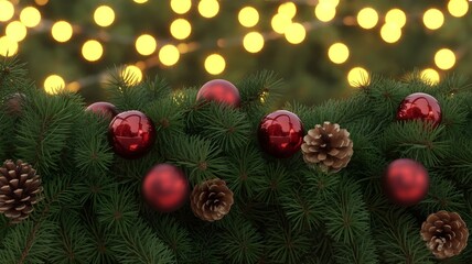 Festive christmas garland with red ornaments and pine cones against a backdrop of blurred golden lights, creating a warm and inviting holiday atmosphere