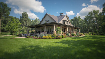 Beautiful modern farmhouse with a large porch and manicured lawn on a sunny day