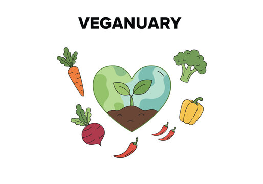 Hand-drawn Veganuary illustration with a heart-shaped Earth and various fresh vegetables like carrots, broccoli, and peppers.