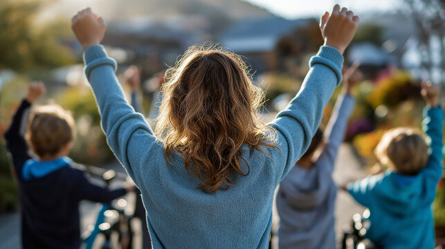 Teaching bike riding without training wheels, cheering squad, perseverance, parenthood, childhood, outdoor learning, with copy space