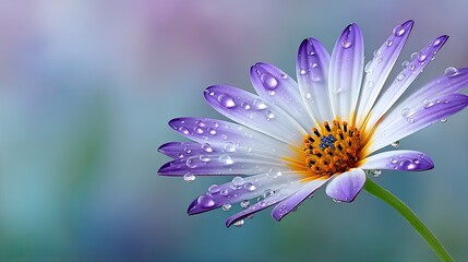 Close up Macro View of a Purple and White Daisy Flower Covered in Water Droplets on a Stem with a Soft Blurry Bokeh Background