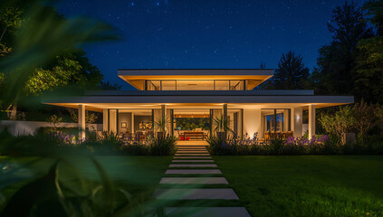 Modern luxury home exterior at night with illuminated pathway and starry sky
